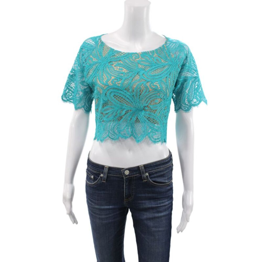 For Love & Lemons Womens Cropped Blue Floral Short Sleeve Blouse Size M
